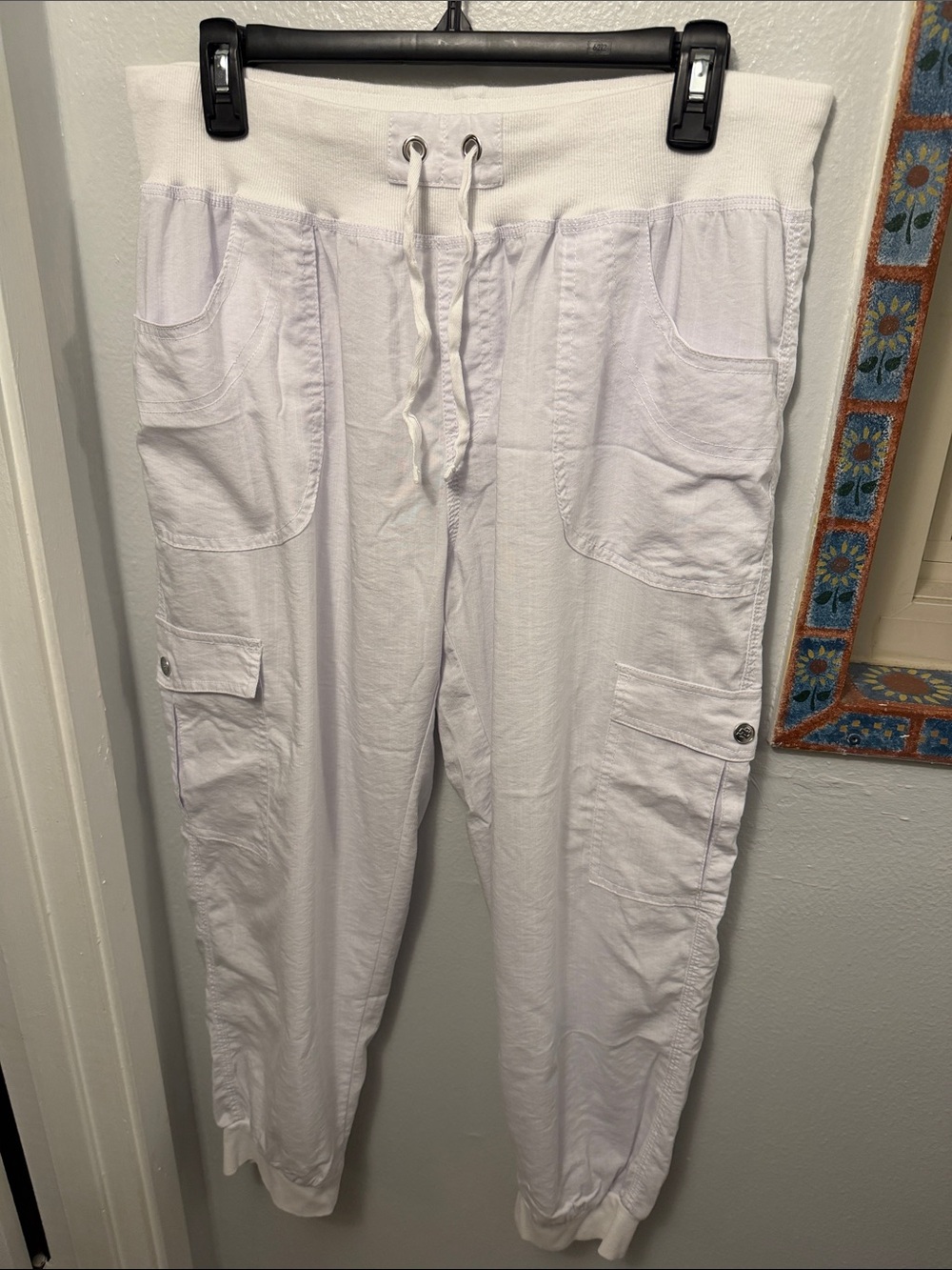 Women's White Cargo Jogger Pants with Drawstring Waist